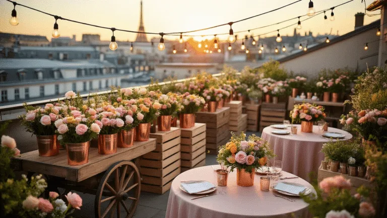 Flower Market Birthday Party: The Ultimate Guide to a Blooming Celebration Aerial view of a chic rooftop flower market birthday celebration at golden hour, featuring a vintage wooden flower cart with pastel blooms, string lights overhead, rustic crates of flowers, blush tablecloths, and a DIY bouquet bar, all set against a soft-focus city skyline backdrop.