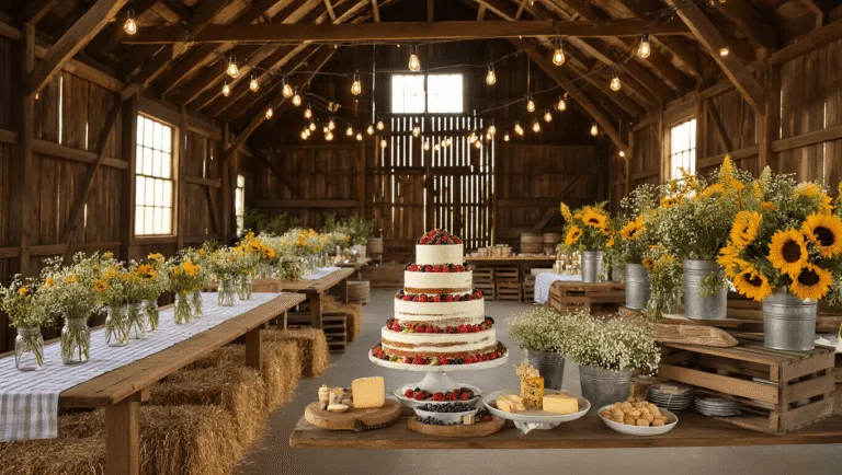 Farm Birthday Party: The Ultimate Guide to Creating a Memorable Barnyard Bash A rustic barn interior decorated for a chic birthday party, featuring farmhouse tables with wildflower arrangements, warm ambient lighting from Edison bulbs, and a naked cake with fresh berries.
