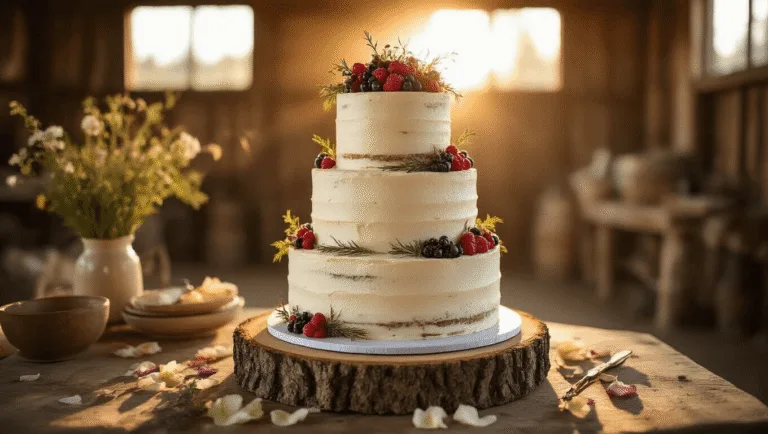 RUSTIC WEDDING CAKE: A FARM-TO-TABLE MASTERPIECE A three-tiered rustic wedding cake with semi-naked buttercream layers, adorned with wild berries and edible flowers, set in a sunlit barn with wooden beams and fairy lights.