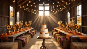 Crafting the Perfect Fall Birthday Party: A Comprehensive Guide to Autumn Celebration Magic A rustic barn interior decorated for a fall birthday celebration, featuring long harvest tables with burnt orange runners, mini pumpkins, sunflowers, and a stunning naked cake, illuminated by warm Edison bulbs and natural sunlight.