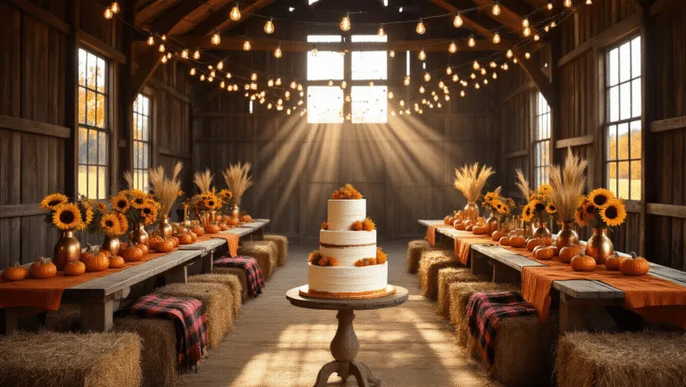 Crafting the Perfect Fall Birthday Party: A Comprehensive Guide to Autumn Celebration Magic A rustic barn interior decorated for a fall birthday celebration, featuring long harvest tables with burnt orange runners, mini pumpkins, sunflowers, and a stunning naked cake, illuminated by warm Edison bulbs and natural sunlight.