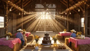 Yeehaw! The Ultimate Guide to Throwing a Showstopping Cowboy Birthday Party A rustic barn party scene at golden hour, featuring sunlight beams, fairy lights, hay bale seating with red gingham tablecloths, a dessert table with a tiered chocolate cake, children playing with stick horses, and vintage Western decor, all captured in rich, hyperrealistic detail.