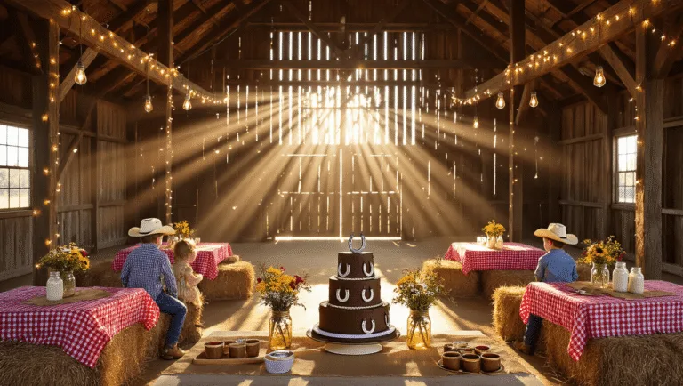Yeehaw! The Ultimate Guide to Throwing a Showstopping Cowboy Birthday Party A rustic barn party scene at golden hour, featuring sunlight beams, fairy lights, hay bale seating with red gingham tablecloths, a dessert table with a tiered chocolate cake, children playing with stick horses, and vintage Western decor, all captured in rich, hyperrealistic detail.