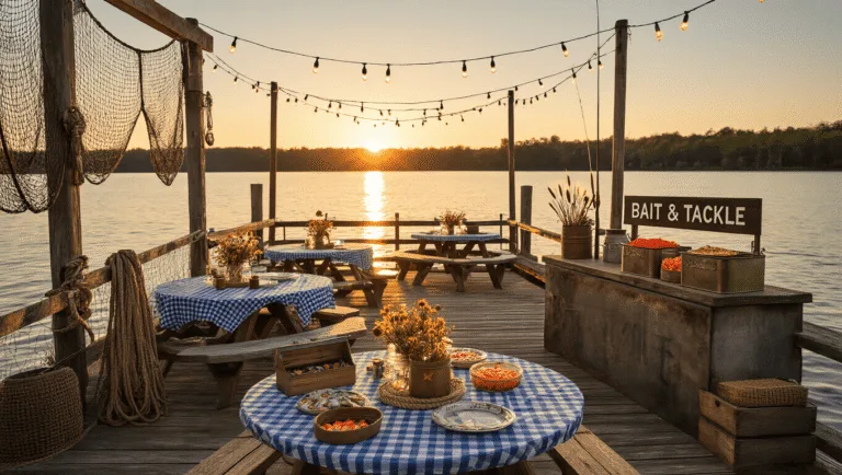Gone Fishin': The Ultimate Fish-Themed Birthday Party Guide A rustic lakeside birthday party at golden hour, featuring a decorated dock with fairy lights, picnic tables with gingham cloths, and a "Bait & Tackle" snack station.