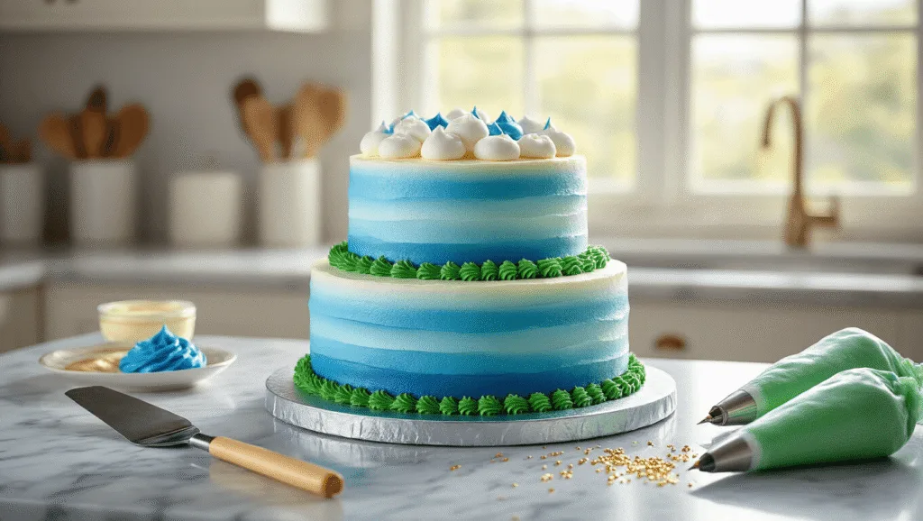 SONIC BIRTHDAY CAKE: THE ULTIMATE GAMER'S CELEBRATION DESSERT A photorealistic two-layer royal blue birthday cake on a metallic turntable, decorated with smooth gradient buttercream, white fondant clouds, and golden accents; set in a pristine kitchen with natural light and artistic arrangement of cake decorating tools.