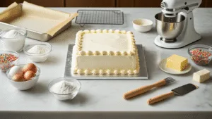 BIRTHDAY SQUARE CAKE: THE ULTIMATE CELEBRATION CENTERPIECE A pristine 9-inch square cake with smooth white buttercream frosting, surrounded by organized baking ingredients and professional tools in a softly lit kitchen.