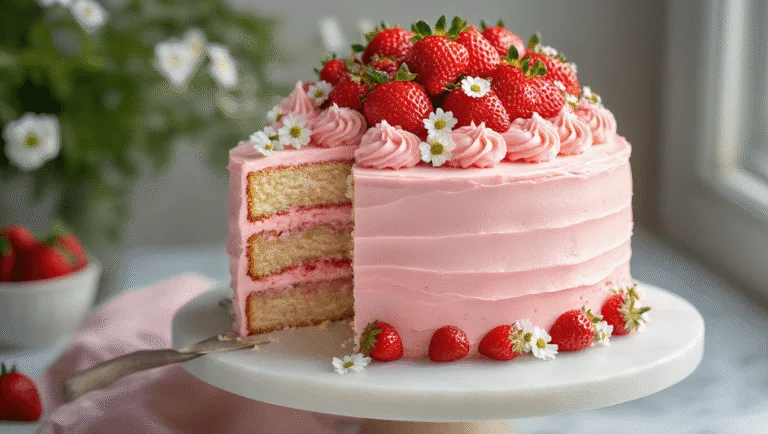 Strawberry Birthday Cake: The Ultimate Celebration Showstopper A photorealistic three-tiered strawberry layer cake with pink cream cheese frosting, fresh strawberries, and edible flowers, showcased on a white marble pedestal in a softly blurred professional kitchen setting.
