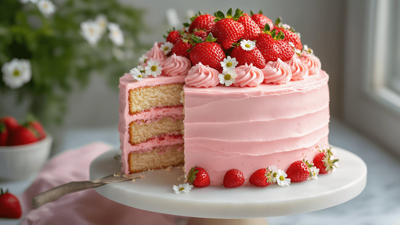 A photorealistic three-tiered strawberry layer cake with pink cream cheese frosting, fresh strawberries, and edible flowers, showcased on a white marble pedestal in a softly blurred professional kitchen setting.