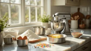 Easy Birthday Cake: The Ultimate Foolproof Guide for Delicious Celebrations A sunlit modern kitchen scene featuring a marble countertop with neatly arranged baking ingredients, including flour, sugar, eggs, and butter, alongside stainless steel measuring cups and mixing bowls. Two greased cake pans and a chrome electric mixer add to the setup, with rainbow sprinkles in a glass bowl for color. The composition highlights soft shadows and crisp details in a high-end food photography style.