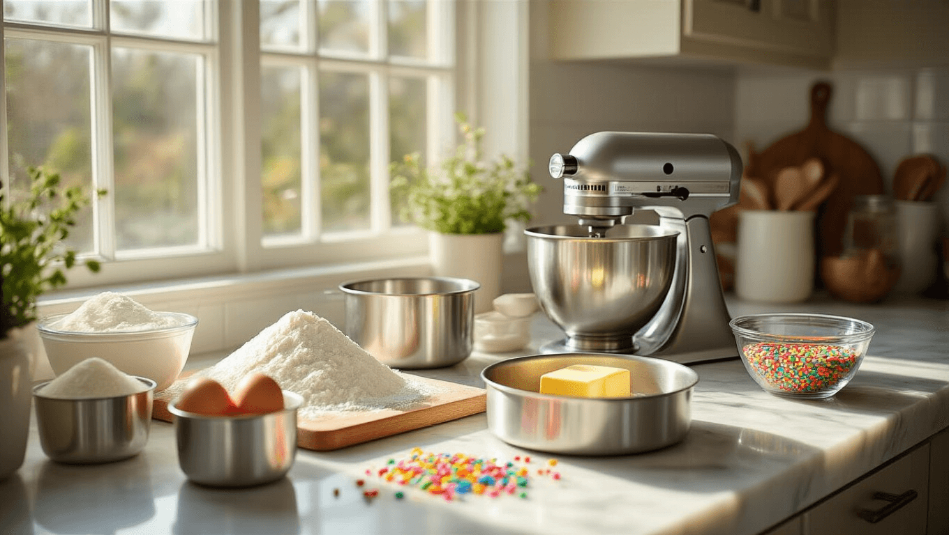 A sunlit modern kitchen scene featuring a marble countertop with neatly arranged baking ingredients, including flour, sugar, eggs, and butter, alongside stainless steel measuring cups and mixing bowls. Two greased cake pans and a chrome electric mixer add to the setup, with rainbow sprinkles in a glass bowl for color. The composition highlights soft shadows and crisp details in a high-end food photography style.