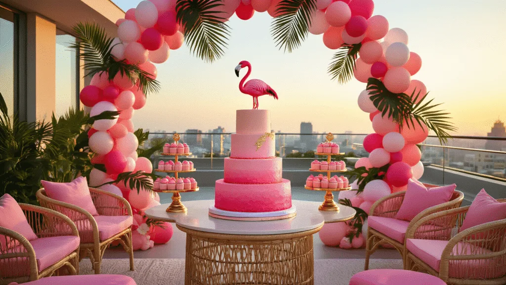 Let's Flamingle: The Ultimate Flamingo Birthday Party Guide for Tropical Glam Celebrations A luxurious rooftop terrace party setup at golden hour with a pink ombré cake, tropical decorations, and glowing fairy lights, featuring rattan furniture and a neon "Let's Flamingle" sign.