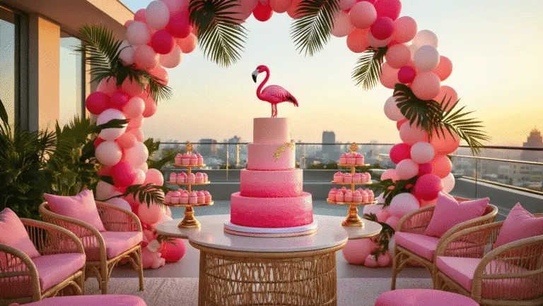 Let's Flamingle: The Ultimate Flamingo Birthday Party Guide for Tropical Glam Celebrations A luxurious rooftop terrace party setup at golden hour with a pink ombré cake, tropical decorations, and glowing fairy lights, featuring rattan furniture and a neon "Let's Flamingle" sign.
