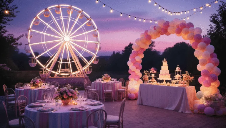 Spin Into Fun: The Ultimate Ferris Wheel Birthday Party Guide A magical twilight outdoor birthday party featuring a vintage illuminated ferris wheel, elegant tables adorned with pastel linens and whimsical centerpieces, twinkling fairy lights overhead, and a dessert table with a metallic-accented cake amid soft pastel balloon decor.
