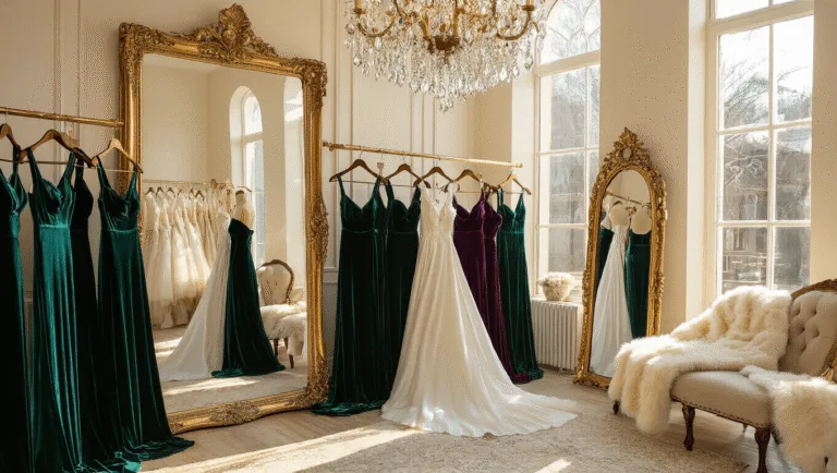 WINTER BRIDESMAID DRESSES: YOUR COMPLETE GUIDE TO COLD-WEATHER WEDDING STYLE Elegant bridal boutique interior with velvet bridesmaid gowns in emerald and sapphire, gold hangers, crystal chandelier, warm afternoon light, cream faux fur wraps, vintage mirrors, and plush seating.