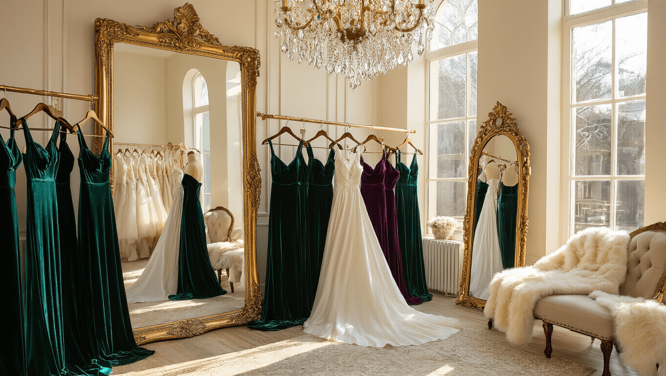 Elegant bridal boutique interior with velvet bridesmaid gowns in emerald and sapphire, gold hangers, crystal chandelier, warm afternoon light, cream faux fur wraps, vintage mirrors, and plush seating.