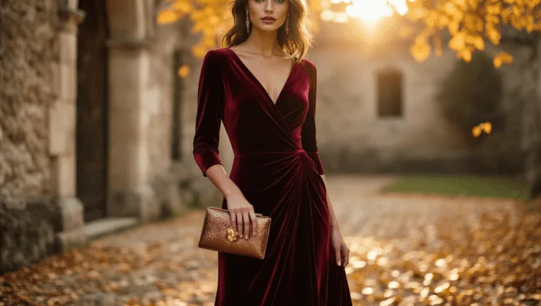 Your Perfect October Wedding Guest Outfit: Stay Stylish & Season-Appropriate Model in a burgundy velvet midi dress in a historic stone courtyard at golden hour, with autumn leaves and warm light creating a romantic atmosphere.