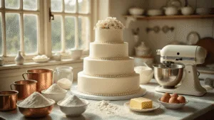 Vintage Wedding Cake: A Timeless Culinary Masterpiece A beautifully staged vintage kitchen workspace with a three-tiered wedding cake in progress, surrounded by antique measuring cups, flour, eggs, and sugar. The scene features a cream-colored KitchenAid mixer, ornate piping tools, and delicate sugar flowers, all bathed in soft natural light from Victorian windows.