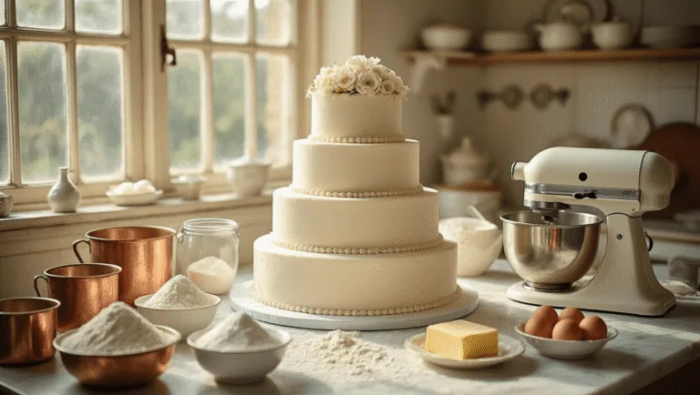 Vintage Wedding Cake: A Timeless Culinary Masterpiece A beautifully staged vintage kitchen workspace with a three-tiered wedding cake in progress, surrounded by antique measuring cups, flour, eggs, and sugar. The scene features a cream-colored KitchenAid mixer, ornate piping tools, and delicate sugar flowers, all bathed in soft natural light from Victorian windows.
