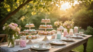 Cupcake Birthday Party: The Ultimate Guide to a Sweet Celebration Cinematic wide-angle shot of a vintage garden cupcake party setup, featuring rustic tables with lace tablecloths, antique cake stands with cupcakes, pastel frostings in mason jars, and delicate china decorations, all illuminated by golden hour light and ethereal fairy lights.