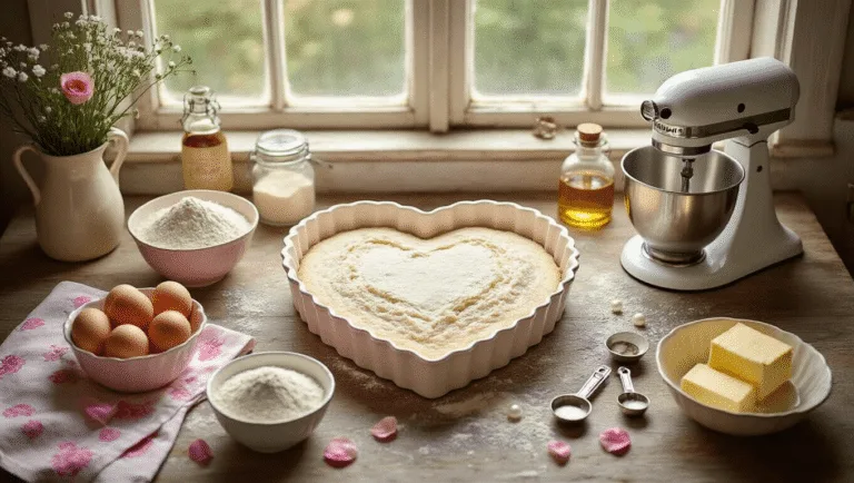 Vintage Heart Birthday Cake: The Ultimate Romantic Celebration Dessert Overhead shot of a rustic kitchen scene with a heart-shaped vintage cake pan surrounded by baking ingredients like fresh eggs, butter, and flour in antique bowls, illuminated by natural sunlight. Soft pastel colors, vintage tea towels, and fresh rose petals enhance the charming atmosphere.