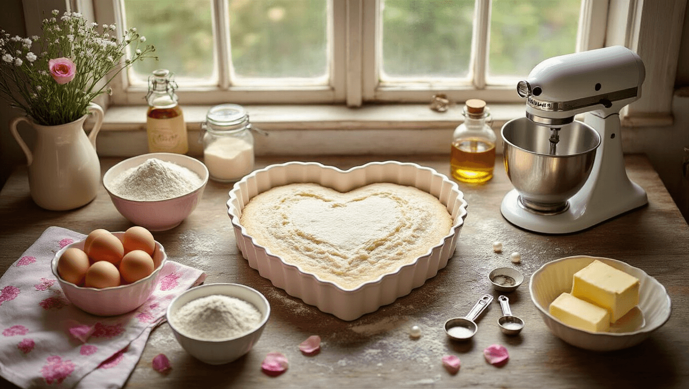 Overhead shot of a rustic kitchen scene with a heart-shaped vintage cake pan surrounded by baking ingredients like fresh eggs, butter, and flour in antique bowls, illuminated by natural sunlight. Soft pastel colors, vintage tea towels, and fresh rose petals enhance the charming atmosphere.