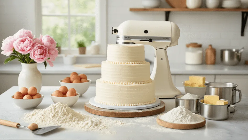 Classic White Wedding Cake: The Ultimate Elegant Celebration Centerpiece A professional bakery scene featuring a marble countertop with scattered flour and baking tools, including a KitchenAid mixer and arranged ingredients for an elegant tiered wedding cake, illuminated by soft morning light with fresh peonies as decorations.