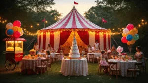 Carnival Birthday Party: Your Ultimate Guide to a Show-Stopping Celebration! A whimsical carnival party in a backyard at golden hour, featuring a red and white striped circus tent, vintage party decor, warm string lights, a vintage popcorn cart, children playing games, and a stunning tiered circus-themed cake, all captured in a dreamy, softly lit atmosphere.