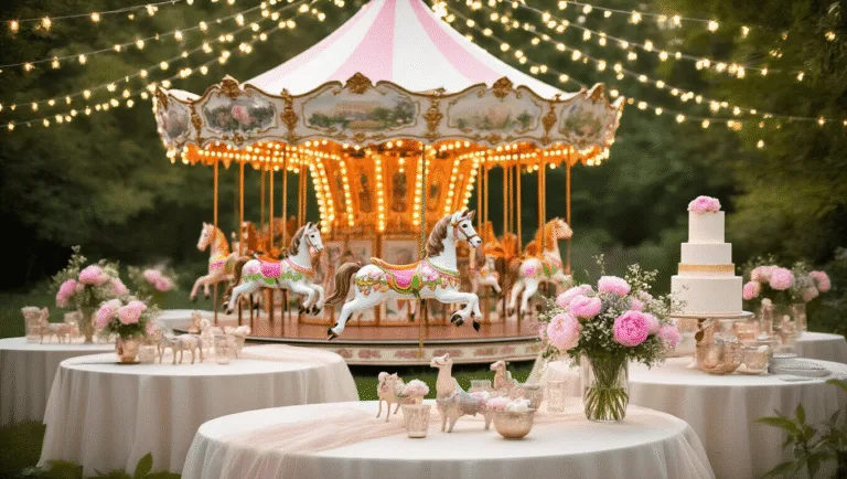 Magical Carousel Birthday Party: Your Ultimate Guide to a Whimsical Celebration A dreamy garden party setup at golden hour, featuring a vintage carousel centerpiece, fairy lights, round tables with tulle overlays, and a tiered cake, all enhanced by soft bokeh and ethereal lighting.