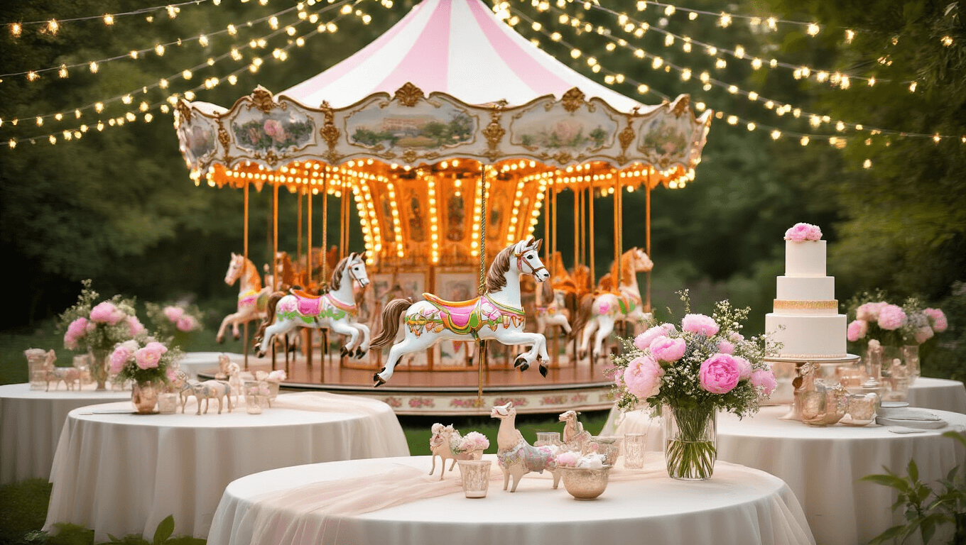 A dreamy garden party setup at golden hour, featuring a vintage carousel centerpiece, fairy lights, round tables with tulle overlays, and a tiered cake, all enhanced by soft bokeh and ethereal lighting.
