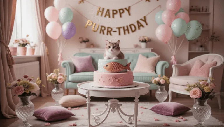 The Purr-fect Party: Crafting an Unforgettable Cat Birthday Celebration A whimsical living room adorned for a cat birthday celebration, featuring a tiered fish-shaped cake on a white dessert cart, pastel decorations, floating balloons, a "Happy Purr-thday" banner, and cozy floral arrangements, illuminated by warm fairy lights and natural sunlight.