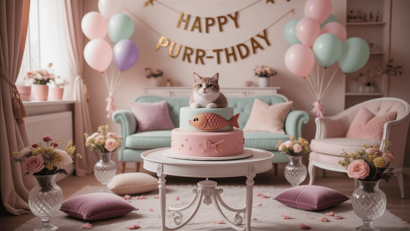A whimsical living room adorned for a cat birthday celebration, featuring a tiered fish-shaped cake on a white dessert cart, pastel decorations, floating balloons, a "Happy Purr-thday" banner, and cozy floral arrangements, illuminated by warm fairy lights and natural sunlight.