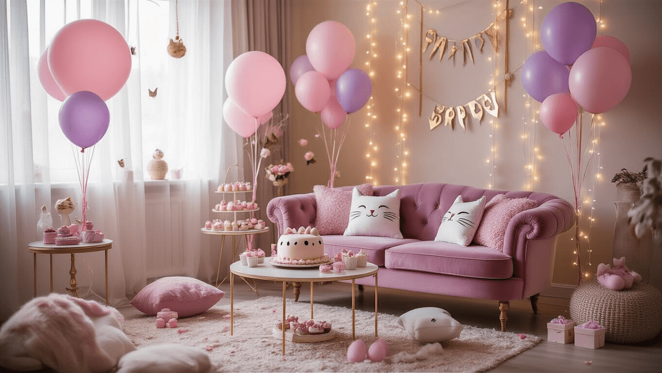 A whimsical cat birthday party scene in a cozy living room, featuring pastel decorations, a plush rose sofa with cat-patterned pillows, and a vintage dessert table with a cat-shaped cake, all captured in soft natural light.