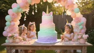 Meow-gical Caticorn Birthday Party: The Ultimate Guide to a Purr-fectly Enchanting Celebration! A whimsical birthday party scene featuring a three-tiered caticorn cake in pastel colors, surrounded by children in cat ear headbands playing under twinkle lights, with a dessert spread of cat-shaped cookies, rainbow macarons, and vintage mason jars of pink lemonade.