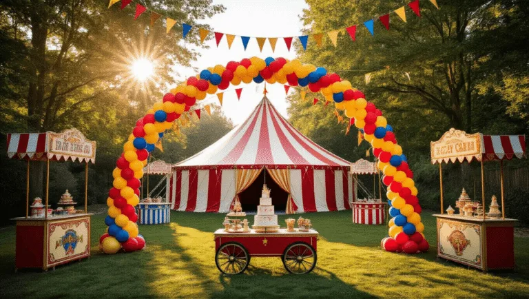 Throw the Ultimate Circus Birthday Bash: A Complete Guide to a Magical Kids' Party A vibrant backyard circus birthday party featuring a large red and white striped tent, colorful balloon arch, vintage carnival games, and a festive dessert table, all illuminated by golden hour light. Children in circus attire play with oversized props under a canopy of string lights.
