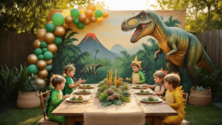 Throw an Epic Dinosaur Birthday Party: A Complete Guide for Prehistoric Fun A whimsical dinosaur-themed birthday party in a sunlit backyard, featuring a hand-painted dinosaur backdrop, a rustic table with succulent centerpieces, children in colorful costumes playing around an inflatable T-Rex, and various prehistoric activity stations, all illuminated by warm string lights and surrounded by natural textures.