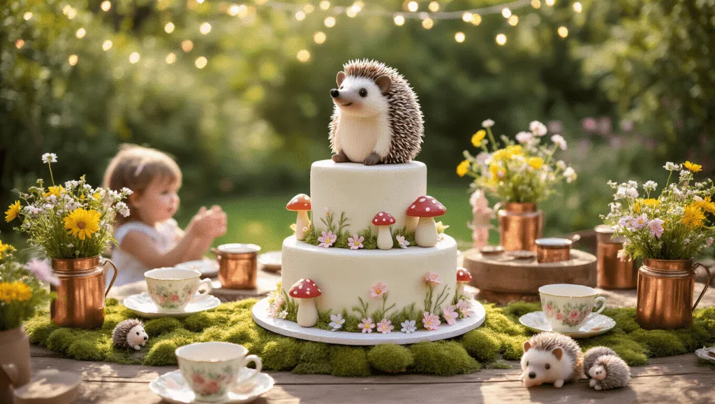 Hedgehog Birthday Party: The Ultimate Guide to Crafting a Magical Celebration A whimsical garden party featuring rustic wooden tables with moss runners and pastel flower arrangements, under a magical canopy of fairy lights. The centerpiece is a tiered cake with a hedgehog topper, surrounded by vintage teacups filled with wildflowers. Children play with plush hedgehog toys, and a DIY hot chocolate bar adds charm, all captured in soft, golden hour lighting.