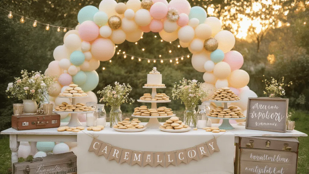 Milk and Cookies Birthday Party: The Ultimate Guide to a Sweet Celebration Dreamy backyard party setup with vintage farmhouse table, artisanal cookies on antique stands, glass milk bottles with wildflowers, whimsical pastel balloon arch, fairy lights, rustic signs, and a DIY photo booth, all bathed in warm golden hour light.