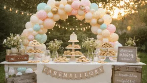 Milk and Cookies Birthday Party: The Ultimate Guide to a Sweet Celebration Dreamy backyard party setup with vintage farmhouse table, artisanal cookies on antique stands, glass milk bottles with wildflowers, whimsical pastel balloon arch, fairy lights, rustic signs, and a DIY photo booth, all bathed in warm golden hour light.