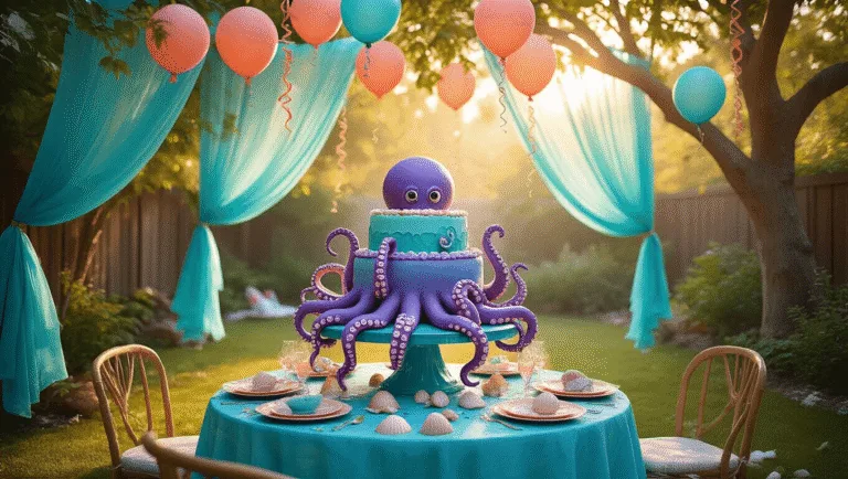 Dive into the Ultimate Octopus Birthday Party: A Magical Underwater Celebration Photorealistic underwater-themed garden party with an aqua blue table centerpiece featuring an elaborate octopus cake, adorned with ombré balloon tentacles, flowing fabrics, seashells, and a glowing coral reef photo booth backdrop, all illuminated by soft golden hour lighting.