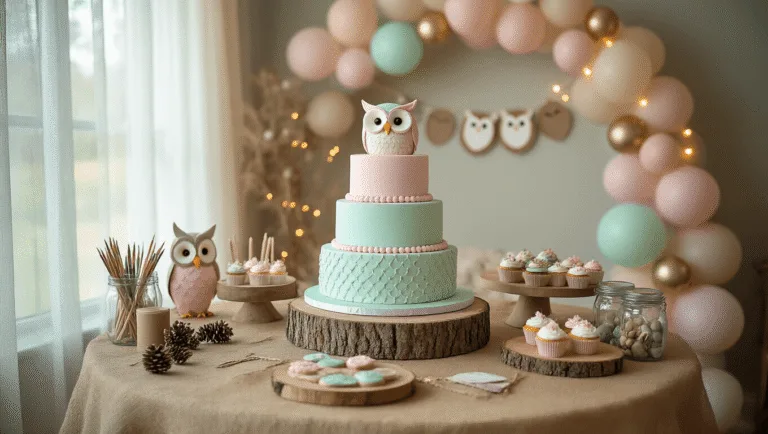 Owl Birthday Party: A Whimsical Woodland Celebration Guide Whimsical woodland-themed birthday party setup in a living room, featuring a 3-tier owl-shaped cake, owl-topped cupcakes, DIY craft station, and decorative elements like a balloon arch and fairy lights, captured in soft natural afternoon light.