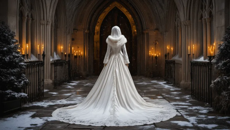 Winter Wedding Dress: Staying Warm & Stylish on Your Big Day A bride in a white velvet gown with a fur-trimmed hooded cape stands in a gothic church entrance, surrounded by soft snowfall and warm candlelight, creating a romantic and moody winter atmosphere.