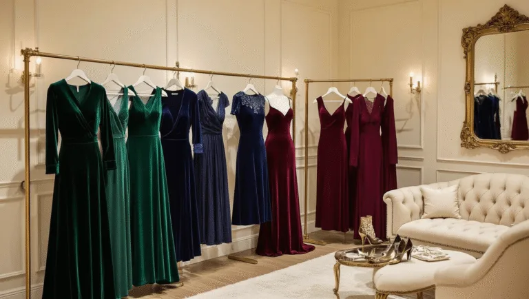 Winter Wedding Guest Dresses: Your Ultimate Guide to Cold-Weather Elegance High-end boutique interior showcasing winter wedding guest dresses in rich jewel tones, featuring emerald velvet, navy satin, and burgundy crepe, with brass racks, metallic accessories, and a plush cream seating area.