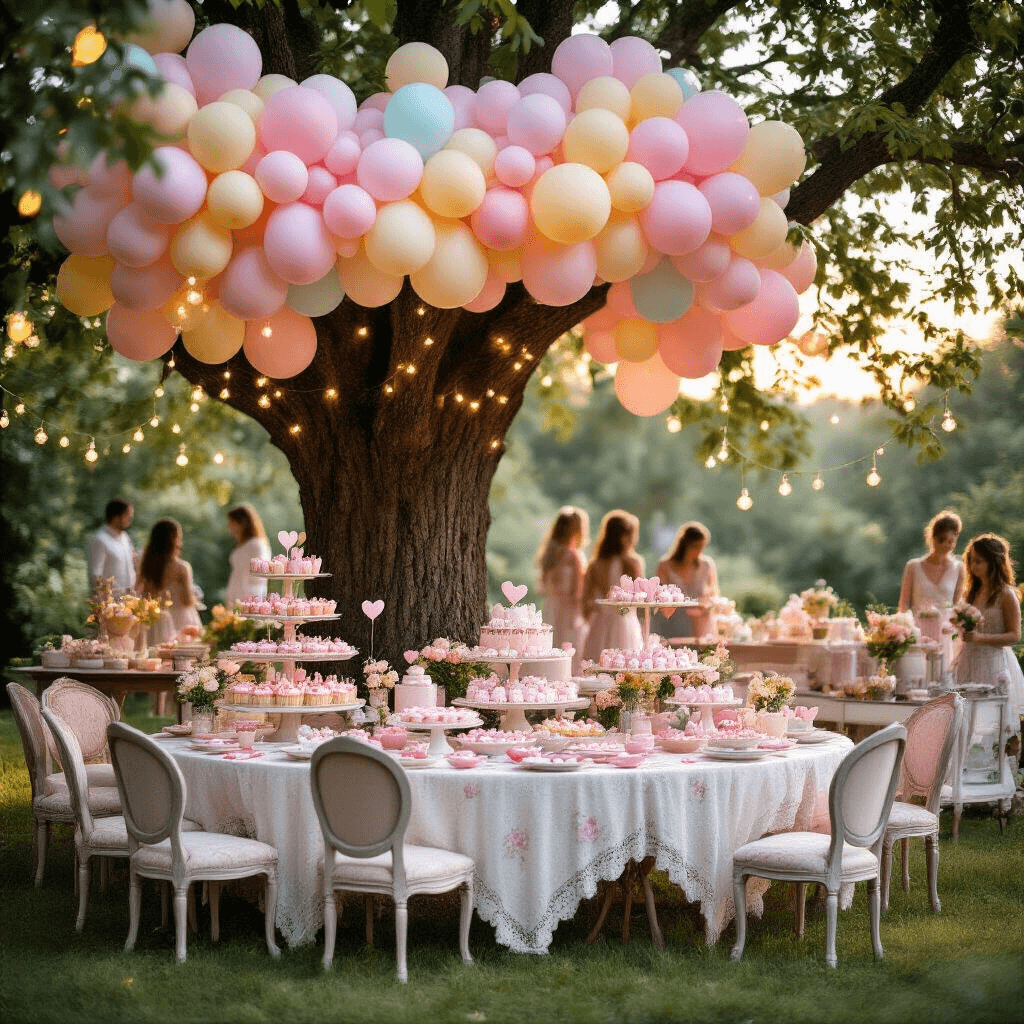 Valentine's Balloons: The Ultimate Guide to Romantic Decor A dreamy outdoor garden party at golden hour with a grand tree draped in pastel balloons, vintage tables and chairs adorned with lace and floral china, a colorful dessert cart filled with heart-shaped treats, guests enjoying a DIY balloon pop game wall, and twinkling fairy lights creating an enchanting ambiance.