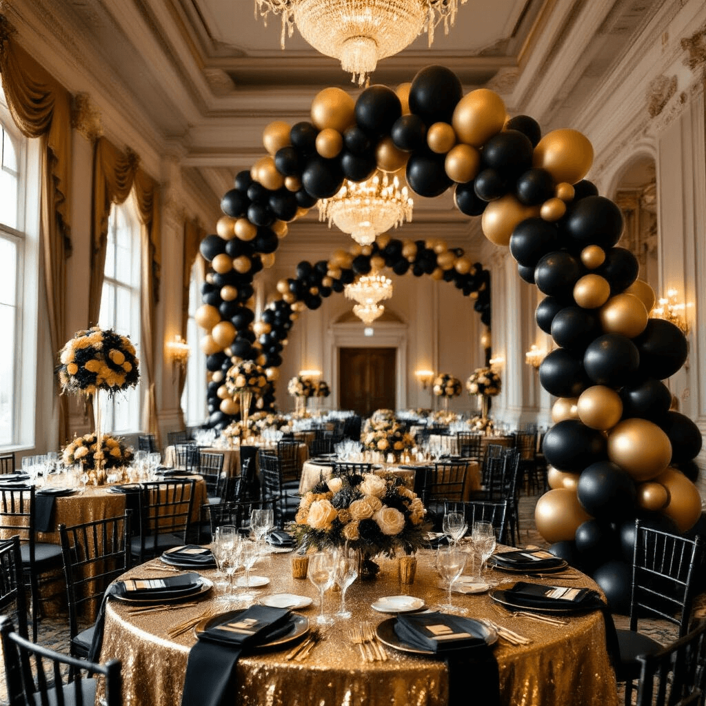 Stunning Black and Gold Balloons: The Ultimate Party Decor Guide A grand ballroom decorated for a New Year's Eve celebration, featuring soaring ceilings with black and gold balloon garlands, shimmering gold sequin table linens, elegant black place settings, tall floral centerpieces, and a stunning balloon arch, all illuminated by soft amber lighting from crystal chandeliers.