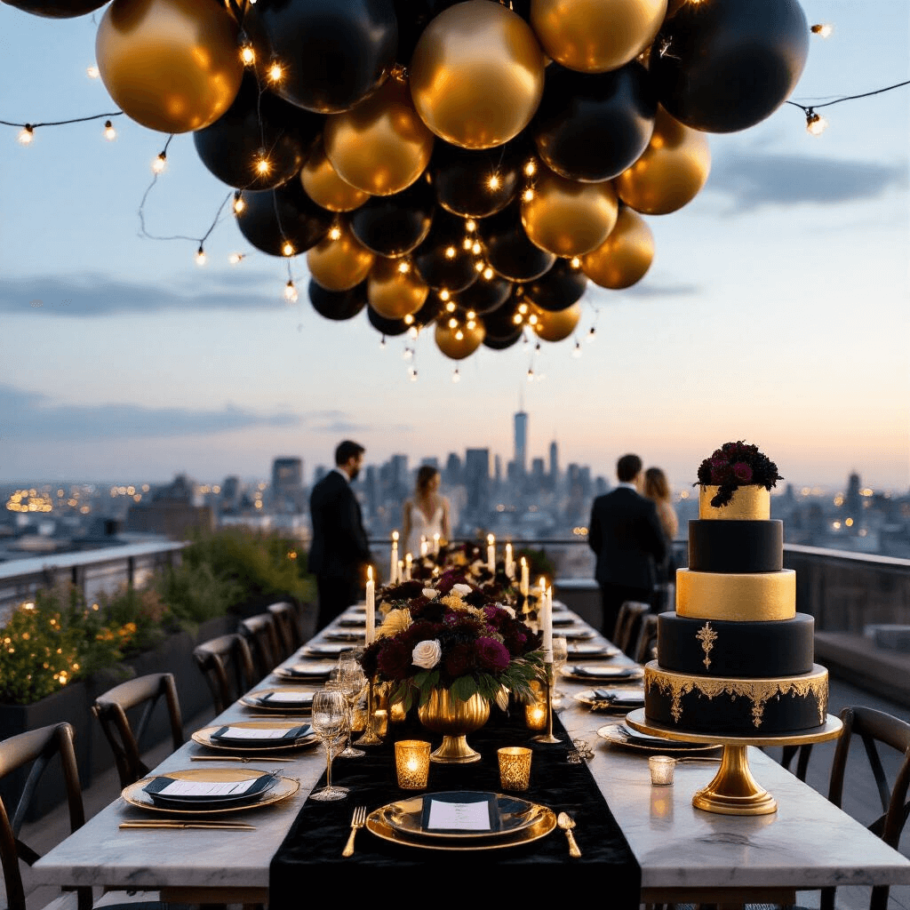 Stunning Black and Gold Balloons: The Ultimate Party Decor Guide An elegant rooftop terrace birthday party at dusk, featuring a long farmhouse table with a black velvet runner, gold charger plates, dark floral centerpieces in gold vases, and black taper candles. Overhead, a canopy of black and gold helium balloons, with a city skyline twinkling in the background and guests mingling around a marble bar cart. A tiered black and gold birthday cake is prominently displayed.