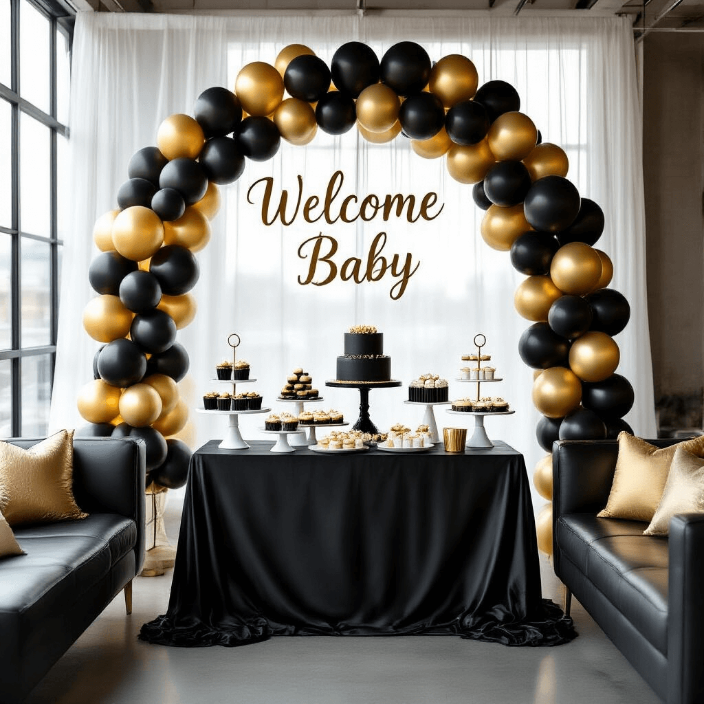 Stunning Black and Gold Balloons: The Ultimate Party Decor Guide A chic modern loft baby shower setup with soft morning light, featuring a luxurious black silk dessert table, an asymmetrical black and gold balloon arch, elegant gold calligraphy signage, and stylish lounge areas with black leather sofas and gold accents.