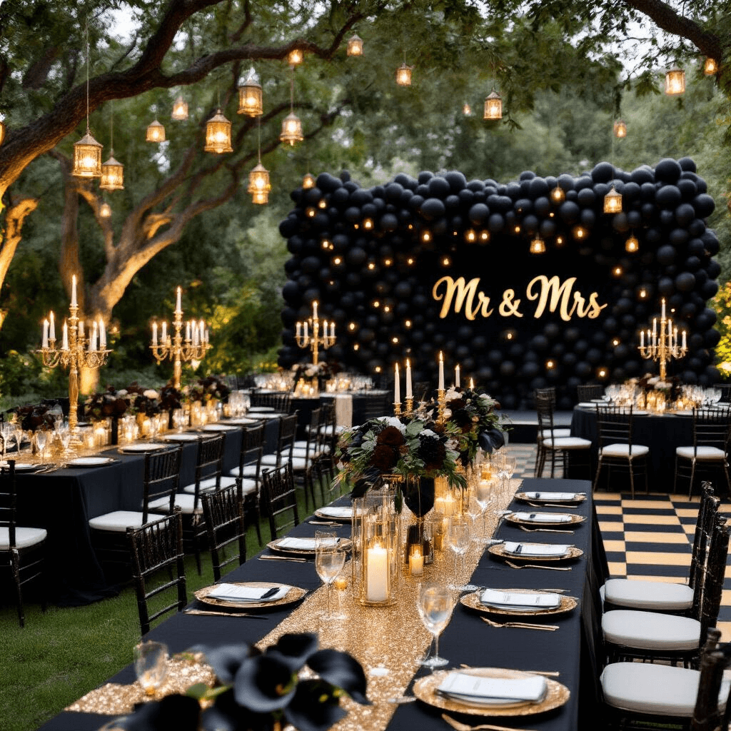 Stunning Black and Gold Balloons: The Ultimate Party Decor Guide A glamorous outdoor wedding reception in a lush garden, featuring tables with black linens and gold sequin runners, tall centerpieces of candelabras and glass cylinders, a dramatic black balloon wall with a 'Mr & Mrs' sign, twinkling fairy lights, and a black and gold checkered dance floor.