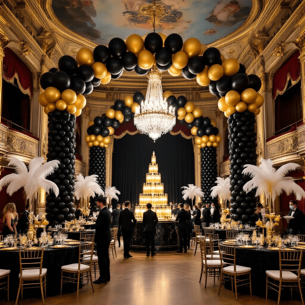 Stunning Black and Gold Balloons: The Ultimate Party Decor Guide An opulent masquerade-themed corporate gala in a historic theatre, featuring black and gold balloon columns, sequin-draped cocktail tables with extravagant centerpieces, a champagne tower, and a striking balloon chandelier, with elegantly dressed masked guests mingling under dramatic balloon sculptures.
