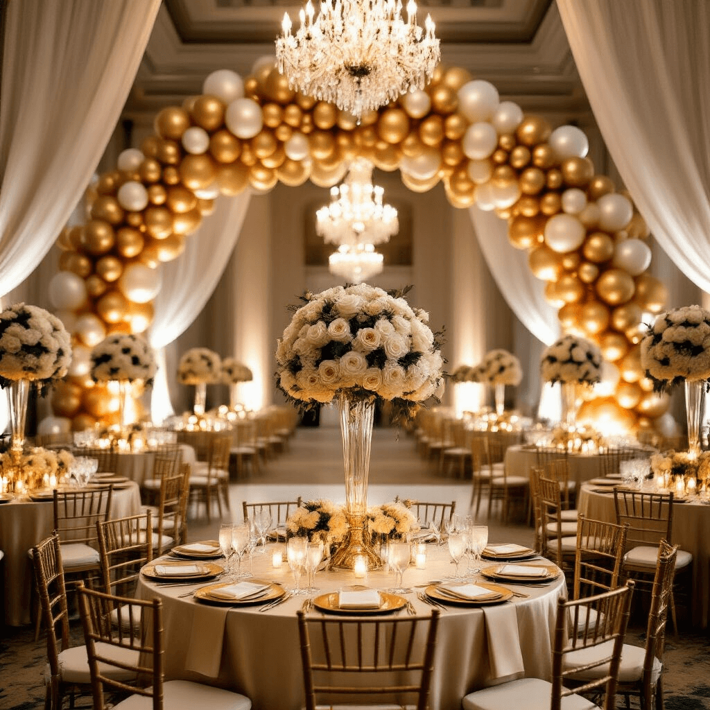 Gold Balloons: The Ultimate Party Decoration Guide A lavish ballroom wedding reception with soaring ceilings, crystal chandeliers, round tables in champagne silk linens, towering floral centerpieces of white roses and gold-painted leaves, a grand ombré gold balloon arch above the dance floor, gilt Chiavari chairs, and soft light filtering through sheer ivory drapery at golden hour.