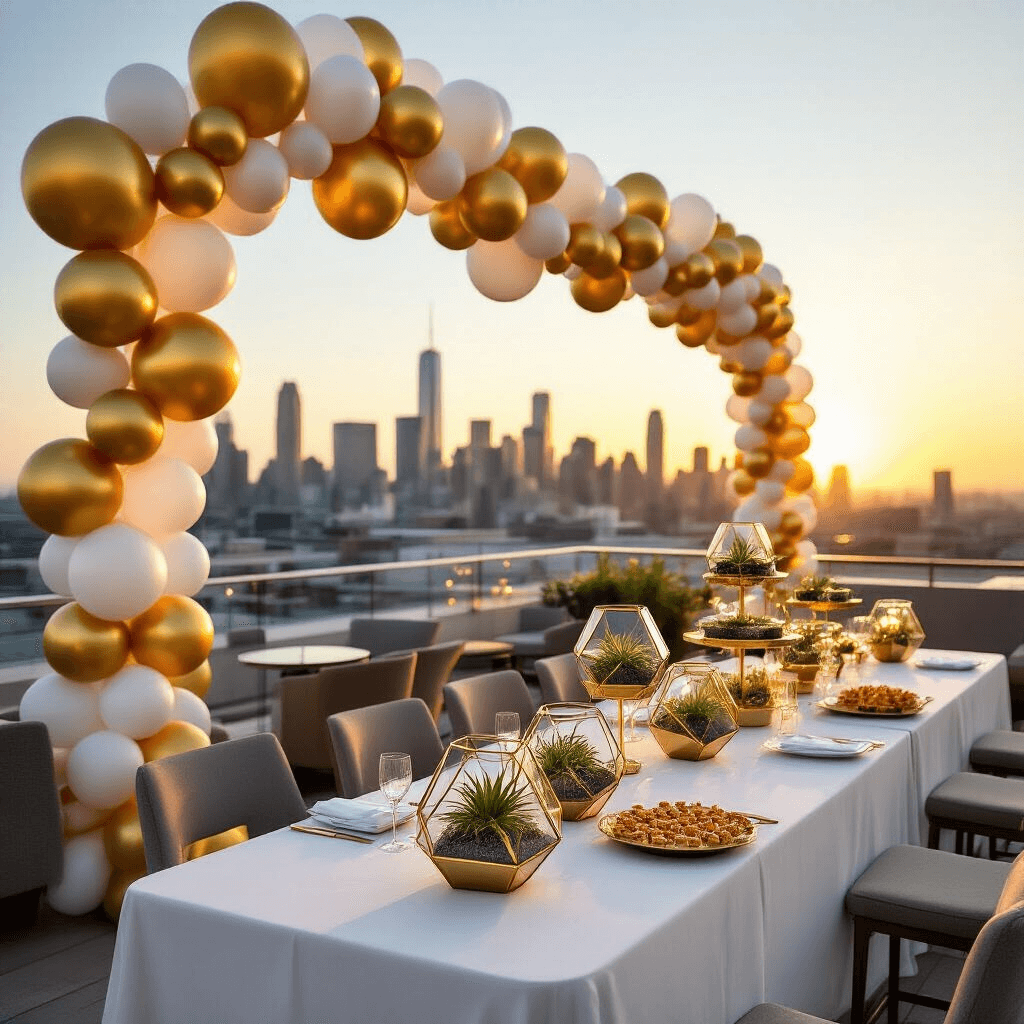 Gold Balloons: The Ultimate Party Decoration Guide A chic rooftop cocktail party at sunset featuring modern high-top tables with white linens and gold geometric terrariums, a gold and chrome balloon garland, clusters of mylar star balloons, a champagne tower, elegant hors d'oeuvres, and soft uplighting illuminating the gathering.